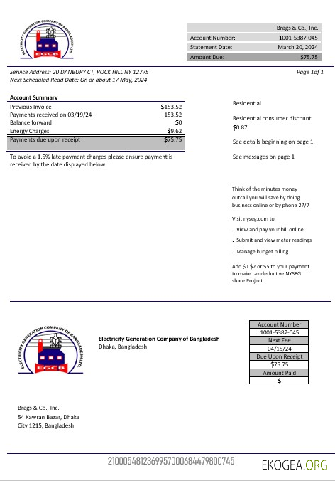 Modèle de facture de services publics de la Bangladesh Electricity Generation Company of Bangladesh au format Word et PDF